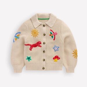 New Boden Embroidered Ecru Button Up Cardigan Beige Cream Size 4-5 NWT New